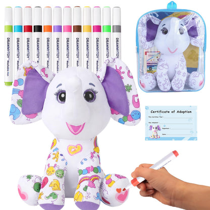 DRAWMYTOY DIY Coloring Plush Toy with Washable Markers, Scribble Pets Stuffed Animal, Doodle Dolls Art Toy for Boys and Girls Ages 3-8, Birthday Gift (Elephant)