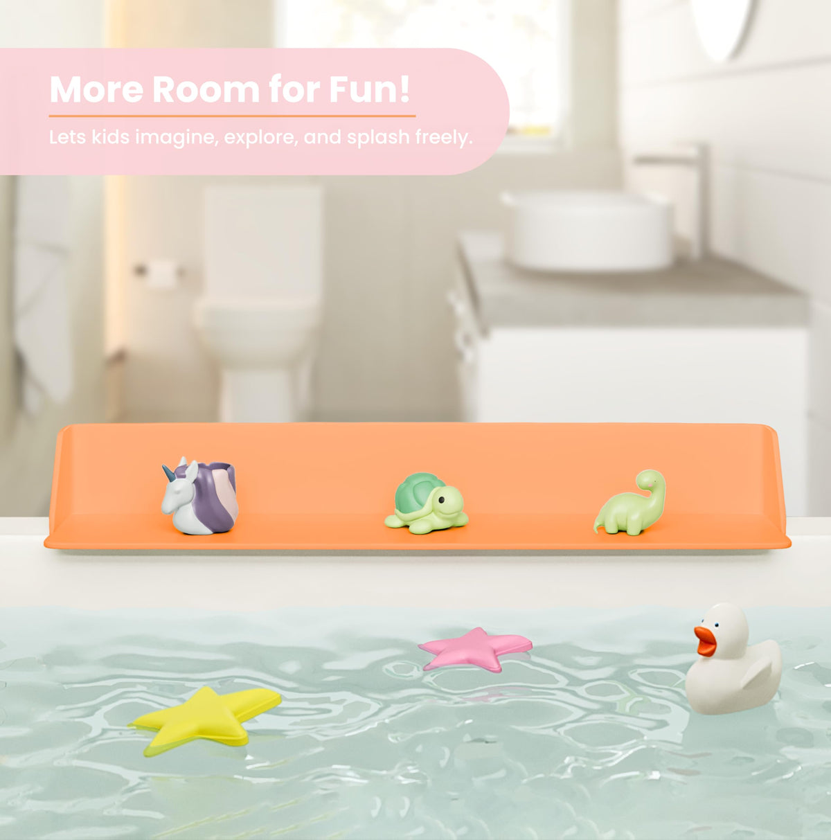 Little Splasher Original PlayPad, Bathtub Splash Guard Play Shelf - Toy Tray Caddy Holder Storage - Suction Cups Attach to Bath Tub - No Mess Water Spill in Bathroom for Toddlers Kids Baby (Orange)