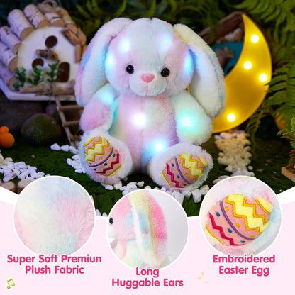 Glow Guards Easter Plush Bunny Stuffed Animal, Musical Light up Rainbow Stuffed Bunny, Singing Rabbit Stuffed Animal Toy with Floppy Ear Bunny Easter Gifts Bedtime Friend for Baby Girls Boys Kids, 10"
