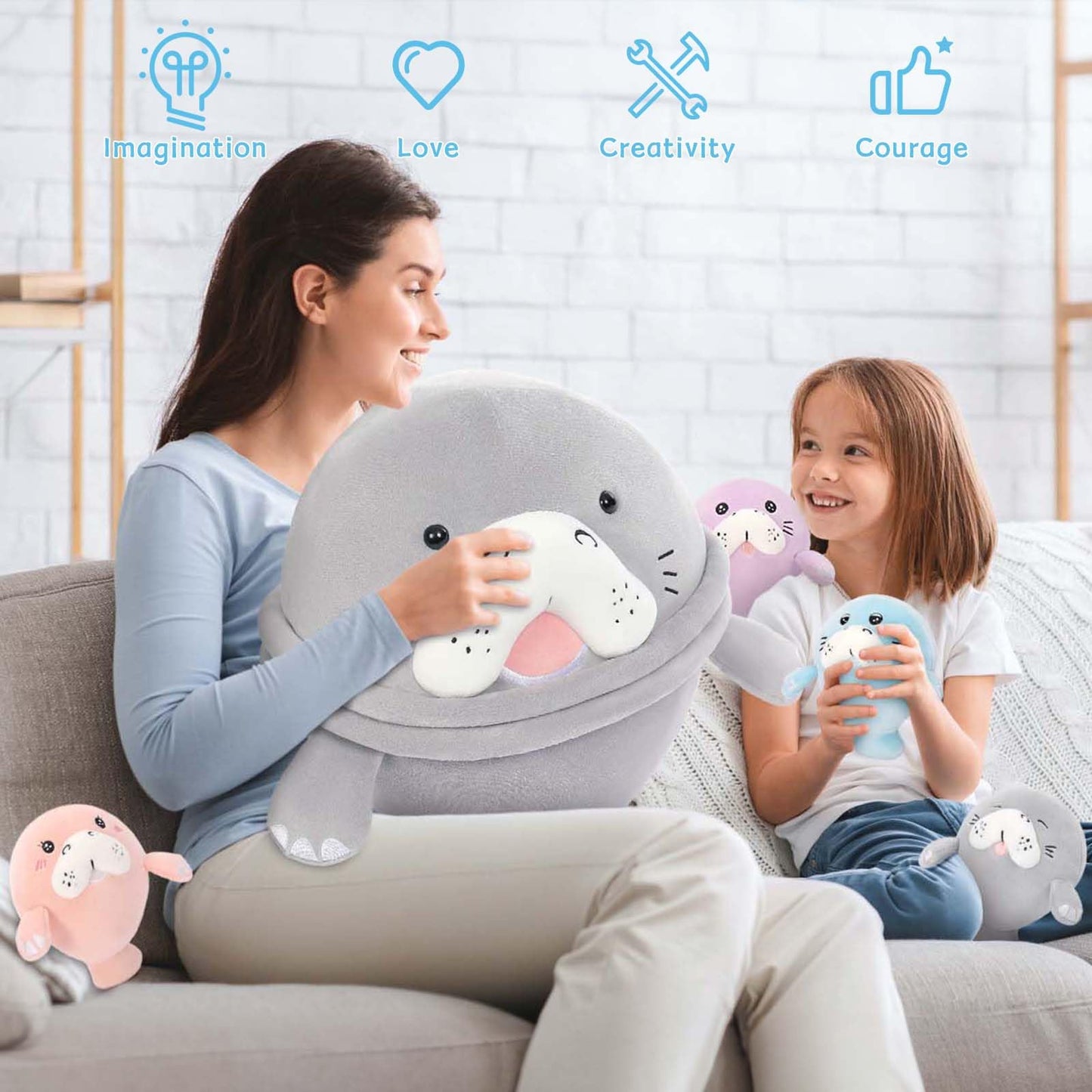 MorisMos Manatee Stuffed Animal Plush with Babies – Large Sea Cow Toys,Soft Stuffed Manatee Hugging Pillow for Kids Adults,Marine Animal Gift & Ocean Plush for Home Decor,CPC Certified