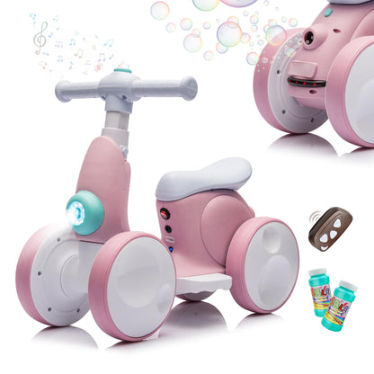 JoyRydz 6V Electric Baby Balance Bike with Bubble Machine,4 in 1 Toddler Balance Bike w/Remote Control for 1 Year Old Boys Girls Kids Bubble Bike Ride on Toys w/Powered Motor,Music,LED Lights (Pink)