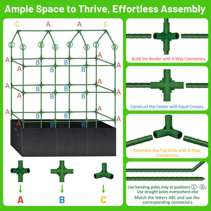 Sunwinx 50x65 Inch Cucumber Trellis for Raised Beds with Grow Bag, V-Frame Metal Plant Garden Trellis for Climbing Plants Outdoor with Climbing Net for Tomato Vegetable Grape Vine Bean Pea Squash