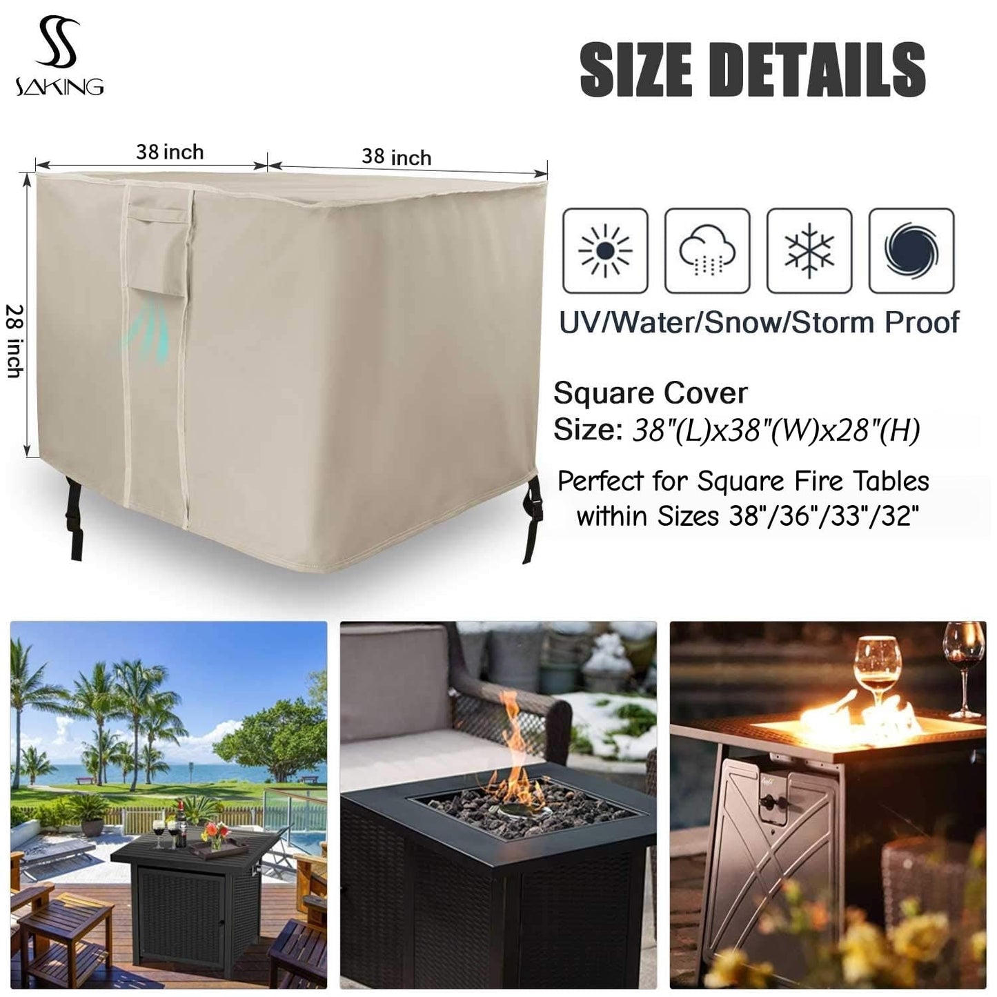 Saking Fire Pit Cover 38 Inch, Waterproof Heavy Duty 600D Square Firepit Covers Gas Fireplace Fire Pit Table Cover for Propane Fire Pit - 38 x 38 x 28 Inch (Beige)