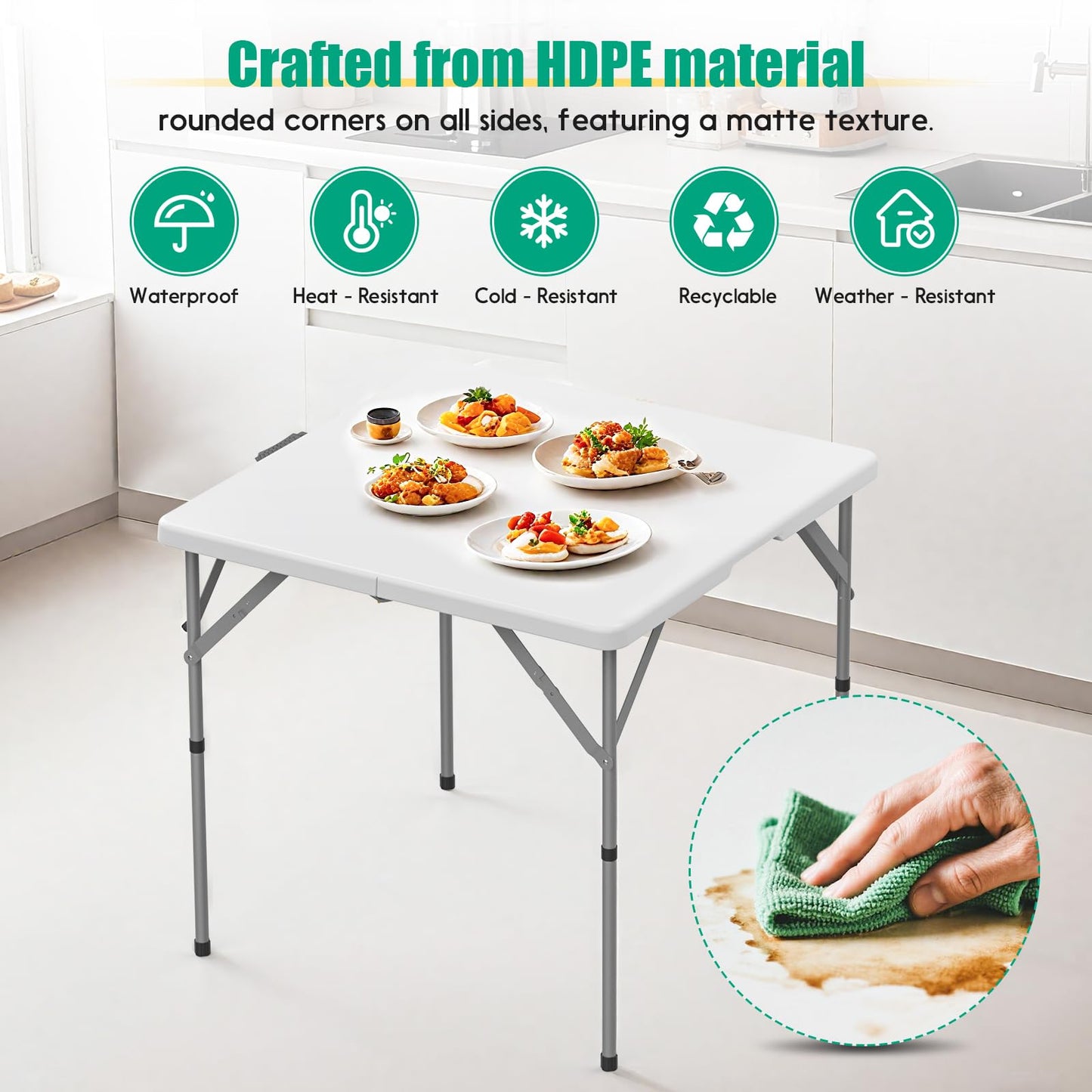 HLPB 34'' Square Folding Card Table, Fold-in-Half Portable Dining Table with Handle and Safety Lock, Foldable Plastic Dining Table Indoor Outdoor for Camping, Picnic and Party Event, White
