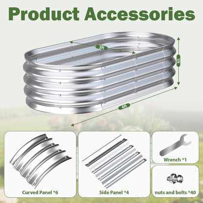 Tegarbed Galvanized Raised Garden Bed Outdoor, 4x2x1ft Metal Heavy Duty Planter Boxes for Gardening, Easy Assemble Bottomless Small Oval Plant Container Kit for Vegetable, Flower, Fruit, Silver, 1Pack