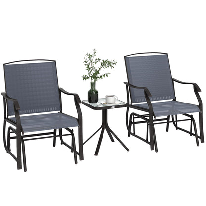 Outsunny 3 Piece Outdoor Glider Chair with Coffee Table Bistro Set, 2 Patio Rocking Swing Chairs with Breathable Sling Fabric, Glass Tabletop, for Backyard, Garden and Porch, Gray