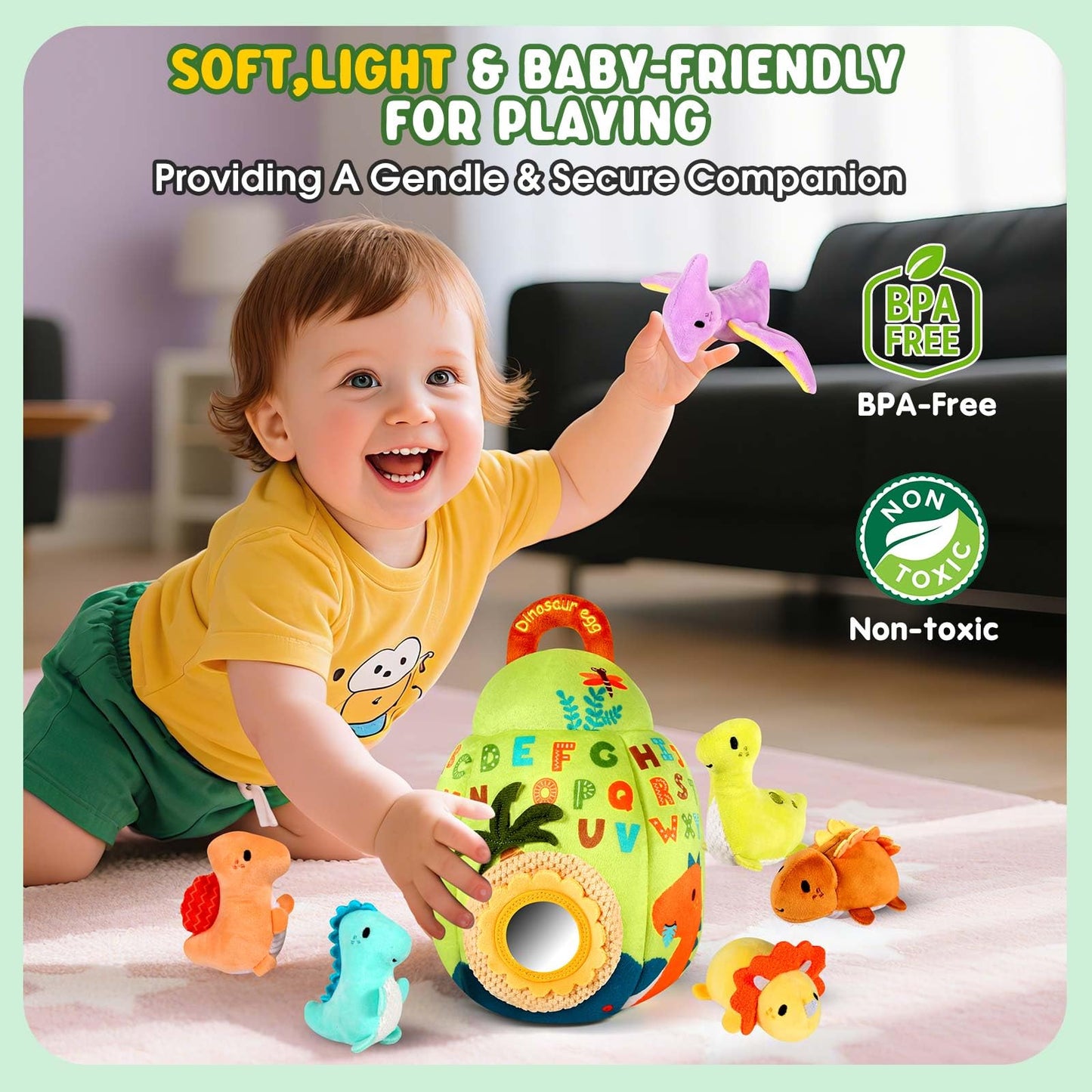 FREYBLI Baby Toys 6-12 Months - Soft Dinosaur Egg Toy with Rattle, Crinkle Paper, Squeaker, Mirror - 6 Month Old Baby Toys Boy Girl Gifts, Baby Sensory Montessori Toys for 6 Month Old Infant Toys