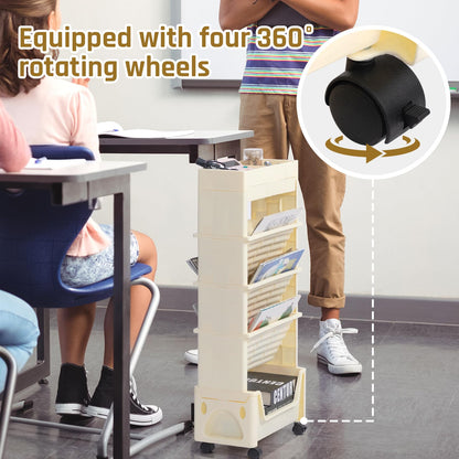 AGTEK 5 Tier Rolling Utility Cart, Book Cart with Wheels, Office Book Carts with Divided Top Shelf for Organizing Books and Supplies in Home, Office, Classroom, Beige