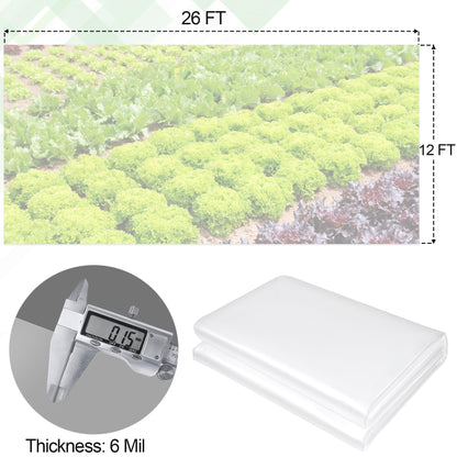 12 x 26 FT Clear Greenhouse Plastic Sheeting, 6 Mil Polyethylene Film Heavy Duty, Water Sun Frost Wind Dust Resistant Winter Hoop House Toughness Plastic Cover for Farming, Gardening, Agriculture, DIY