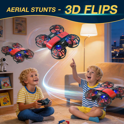 Red Mini Drone for Kids & Beginners, Indoor & Outdoor RC Quadcopter, Full Propeller Guards, LED Light, 3D Flips, One Key Start, Headless Mode, 2 Rechargeable Batteries, 21 Mins Total Flight Time, Toy Gift for Boys and Girls