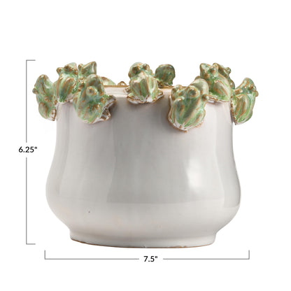 Creative Co-Op Stoneware Planter with Frogs on Rim and Reactive Glaze, Green and White