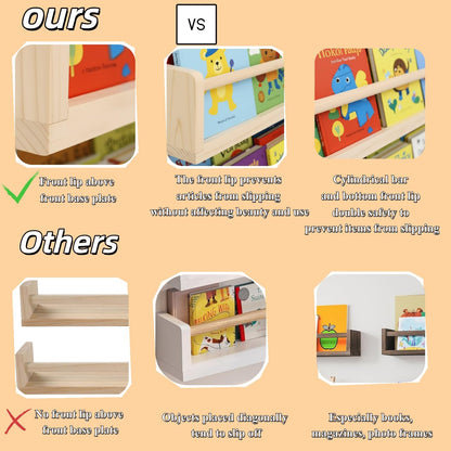 Esonal Natural Wood Nursery Floating Shelves Set of 3– Wall Mounted Kids Bookshelf & Toy Organizer – 16 Inch Rustic Pine Hanging Display Book Shelves for Bedroom, Playroom, and Baby Decor