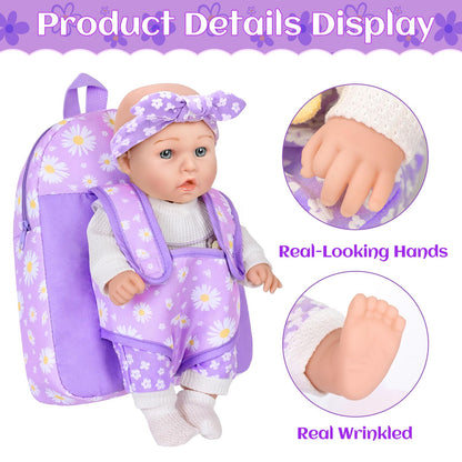 12" Flower Pattern Baby Doll With Backpack Carrier Can Store Clothes and Accessories,12 Inch Baby Dolls Set In Gift Box With Hanky Pacifier Bottle Pretend Baby Care Toy For Girl Child Toddler 3+ Gifts