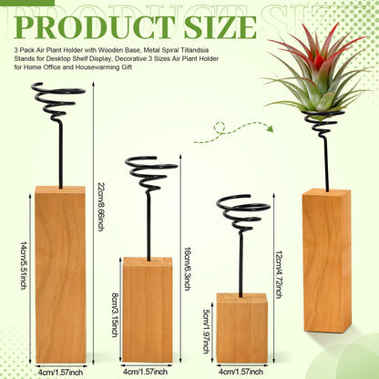 ARQRHTLY 3 Pack Air Plant Holder with Wooden Base, Metal Spiral Tillandsia Stands for Desktop Shelf Display, Decorative 3 Sizes Air Plant Holder for Home Office and Housewarming Gift