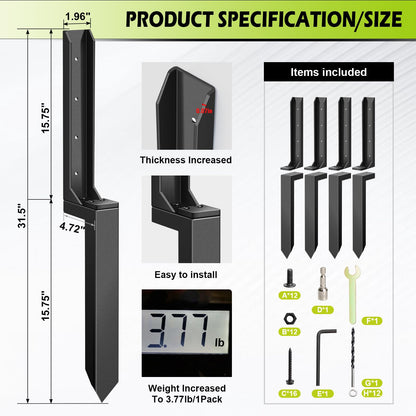 4 Pcs Fence Post Repair Kit, Heavy Duty Fence Post Anchor Ground Stakes for Repair Tilted, Broken Wood Support