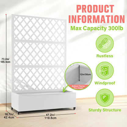 Metal Planter Box with Trellis, Raised Garder Bed with Drainage Hole, Privacy Screen & Trellis for Climbing Plants, Outdoor Plant Stands, 47''L×17''W×73''H, White