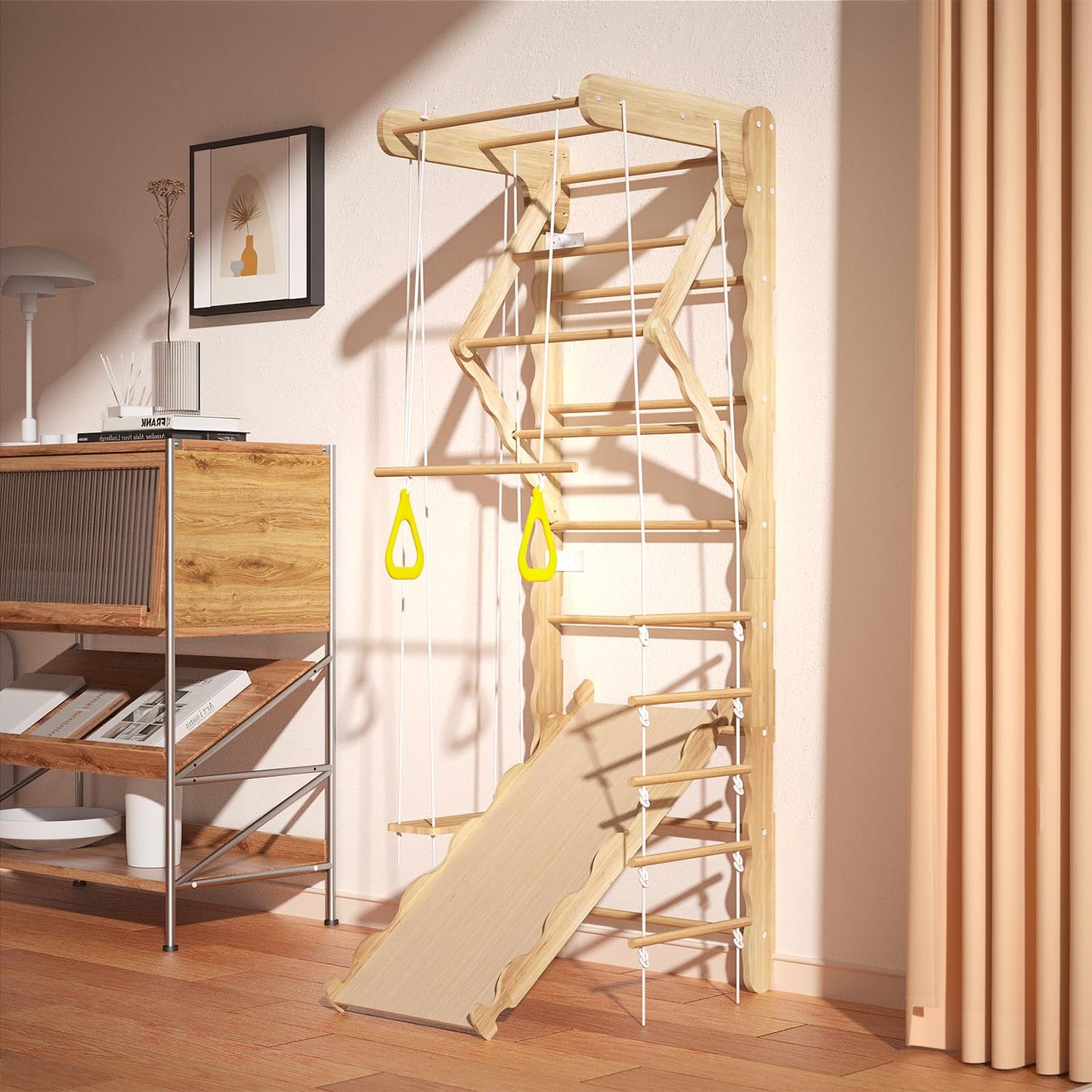 Mulinsonfly 5-in-1 Wooden Indoor Jungle Gym for Kids, Wall-Mounted Swedish Ladder with Pull-Up Bar, Rings, Swing, and Slide – Montessori-Inspired Kids Playset for Fun & Development, Ages 3-8