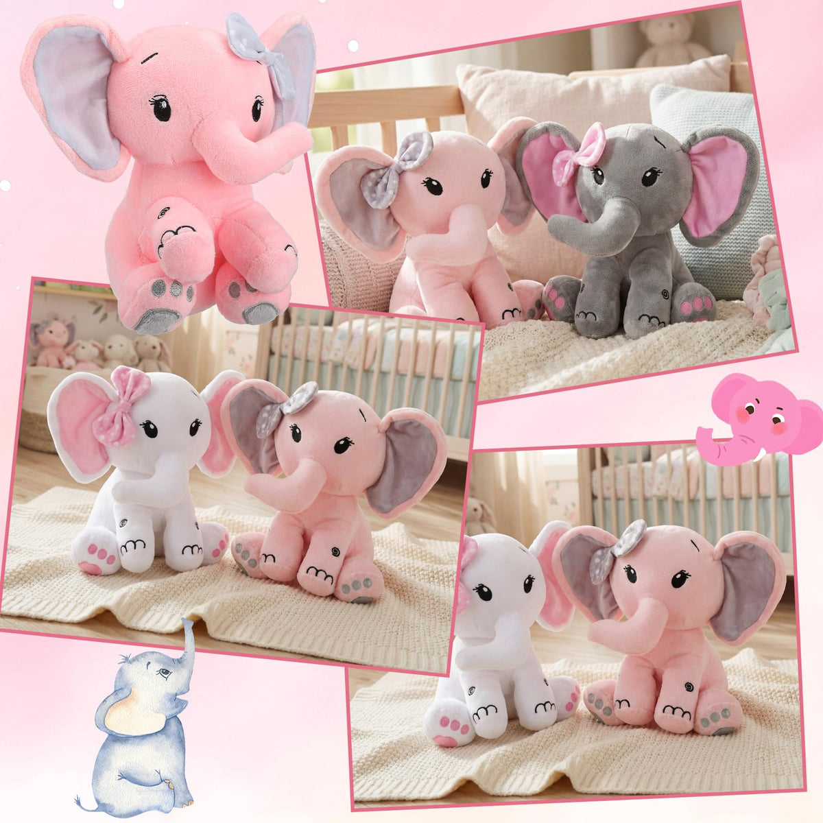 HyDren 12 6 Pieces Elephant Stuffed Animals 8 Inch Big Ear Stuffed Elephant Animal Plush Toy Gift for Baby Shower Boys Girl, Woodland Nursery Bed Decor Birthday Party Supplies (Pink)