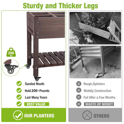 GUTINNEEN Raised Garden Bed Outdoor with 8 Planter Boxes Wooden Elevated Garden Bed with Legs Wheels Side Workbench and Storage Shelf for Plants Vegetables Flowers Herbs