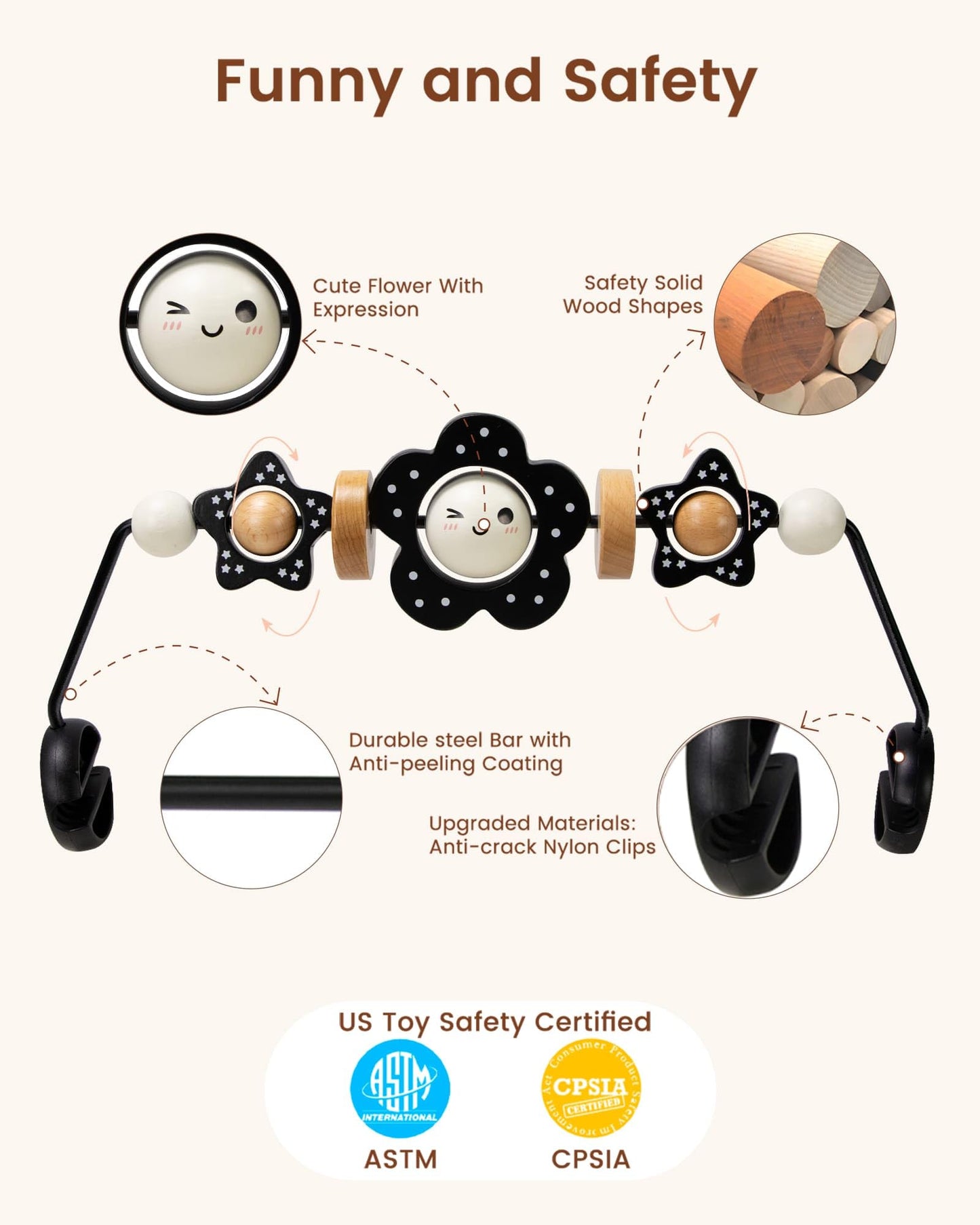 TinlyFinly Baby Bouncer Toy Bar Wooden Compatible with Baby Bjorn Bouncers, Bouncer Toy Attachment Tight and Secure Fit, So Fun to Watch, Touch and Spin for Babies All Ages (Black and White Flower)