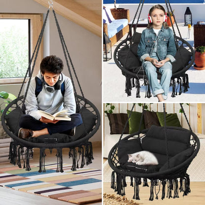 Goutime Hammock Chair with Hanging Hardware Kit and Back Cushions,Macrame Boho Swing Chairs for Indoor,Outdoor,Bedroom,Patio (Black)