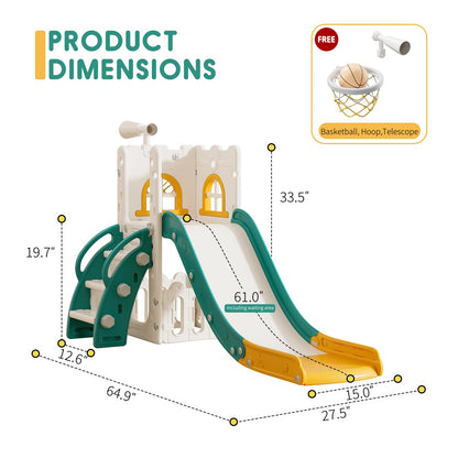 Toddler Slide for Kids with Climber Basketball Hoop, Storage Space, Telescope Kids Indoor Slide Baby Slide for Outdoor Play Upgraded Toddler Indoor Playground with Wider and Longer Slideway Upgraded