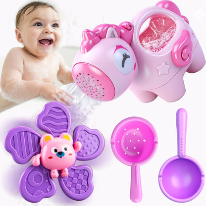 Baby Bath Toys for Kids Ages 1-3, Bathtub Toys for Babies 6-12-18 Months Toddlers, Suction Cup Spinner Toys & Unicorn Watering Can, Sand Beach Pool Water Table Toys for Infants Girls 1 2 3 4(Pink)