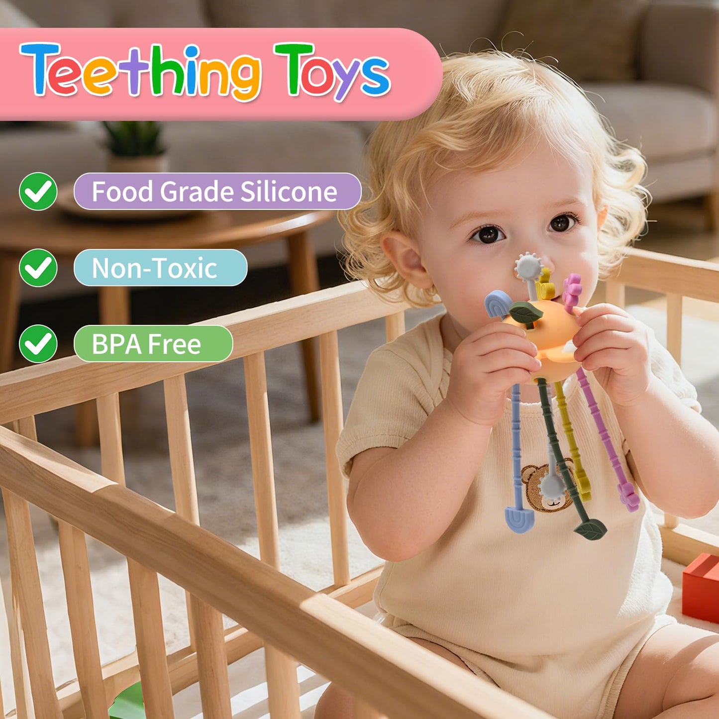 Little Rawr Silicone Baby Sensory Montessori Toys & Pull String Toys for 18 M+, Toddler Birthday Gift Car Seat Airplane Travel Toy for 1 2 Year Old Boy Girl Infant 18 Months Old (Orange)