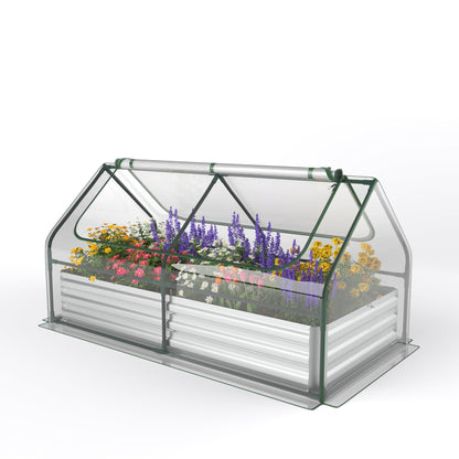 Giantex Galvanized Steel Raised Garden Bed with Mini Greenhouse, Outdoor Metal Planter Box Kit with Large Roll-up PVC Cover, 71"x 35.5"x 36" Planter Raised Bed for Growing Flower Herb Vegetable Fruit