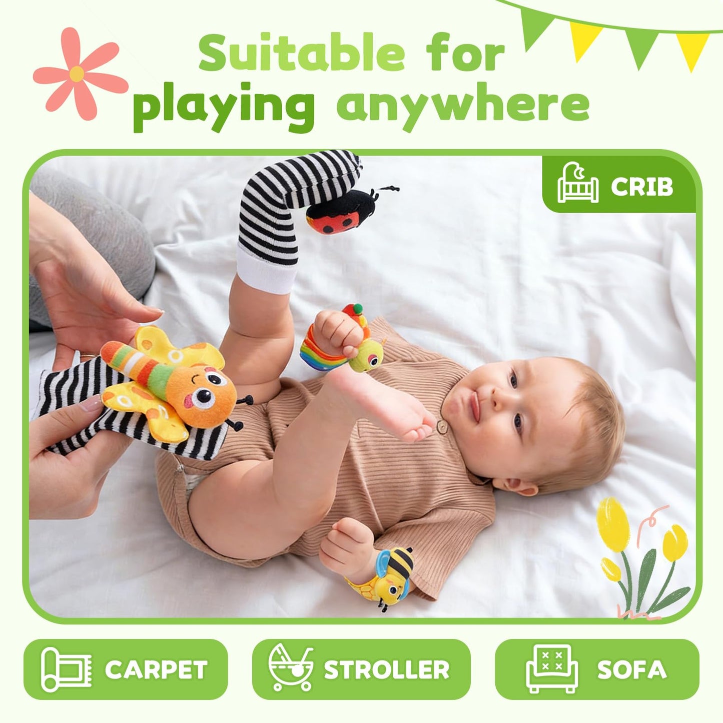 Baby rattles 0-6 Months, Cute Soft Newborn Wrist Rattle Foot Finder Socks Set,Infant Newborn Sensory Toy for 0 3 6 9 12 Months Boys Girls Gift (Insect)