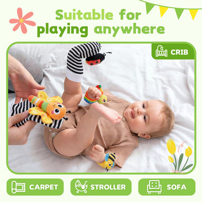 Baby rattles 0-6 Months, Cute Soft Newborn Wrist Rattle Foot Finder Socks Set,Infant Newborn Sensory Toy for 0 3 6 9 12 Months Boys Girls Gift (Insect)