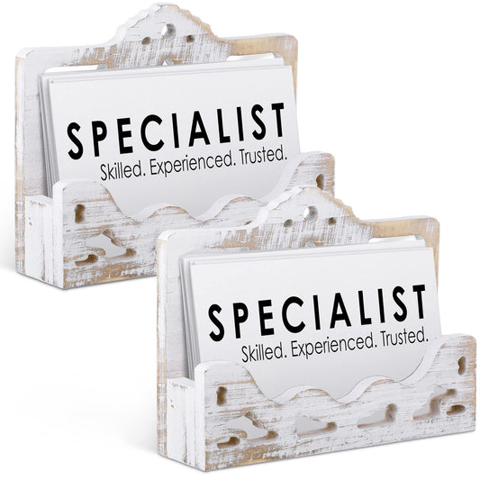 Vintage 2 Pcs Business Card Holder Display Wooden Open Card Stand Farmhouse Organizer Hollowed for Home Office Counters Receptions Trade Displays