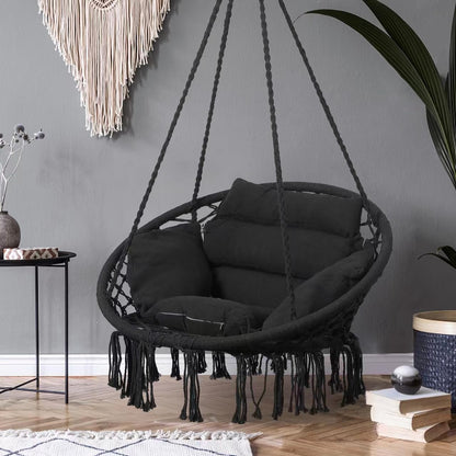 Goutime Hammock Chair with Hanging Hardware Kit and Back Cushions,Macrame Boho Swing Chairs for Indoor,Outdoor,Bedroom,Patio (Black)
