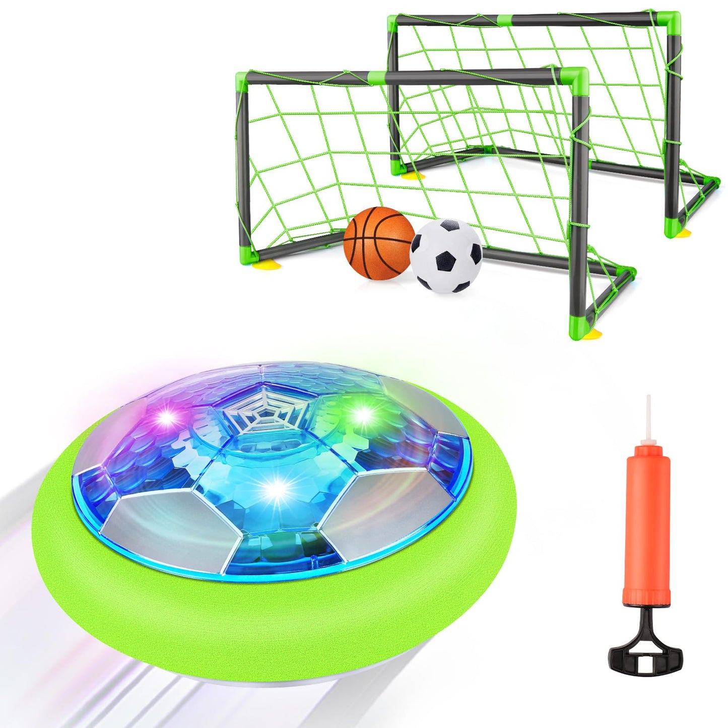 Growsland Hover Soccer Ball with 2 Goals - Rechargeable Air Floating Soccer Toy with LED Lights and Foam Bumper, Indoor Games for Kids 4-8-12, Toys Gifts for 3 4 5 6 7 8 9 Year Old Boys Girls
