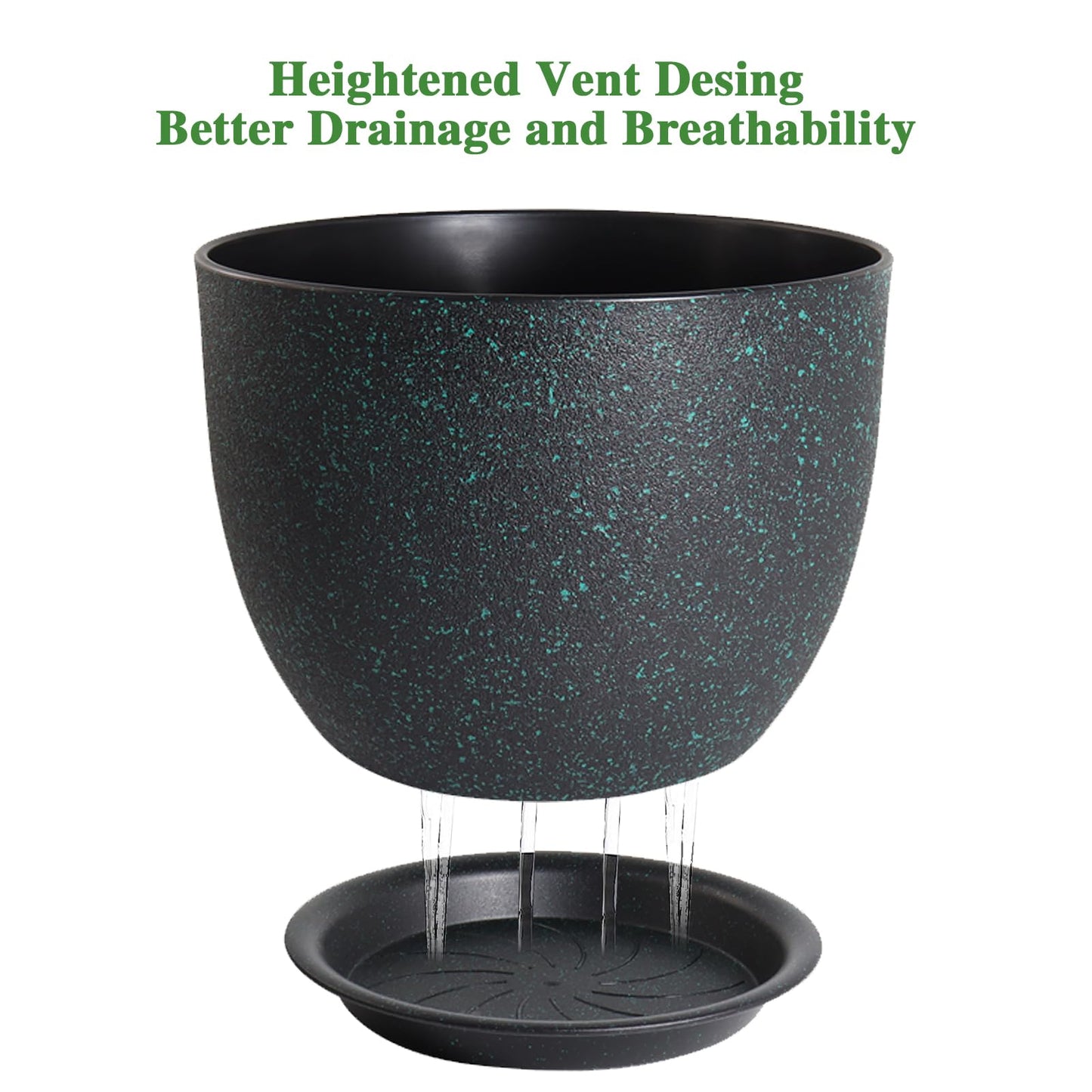 UOUZ 12inch Large Plant Pot, Modern Plastic Planter with High Driange Holes and Saucer for Indoor Outdoor Garden Plants and Flowers, Black with Green Speckles