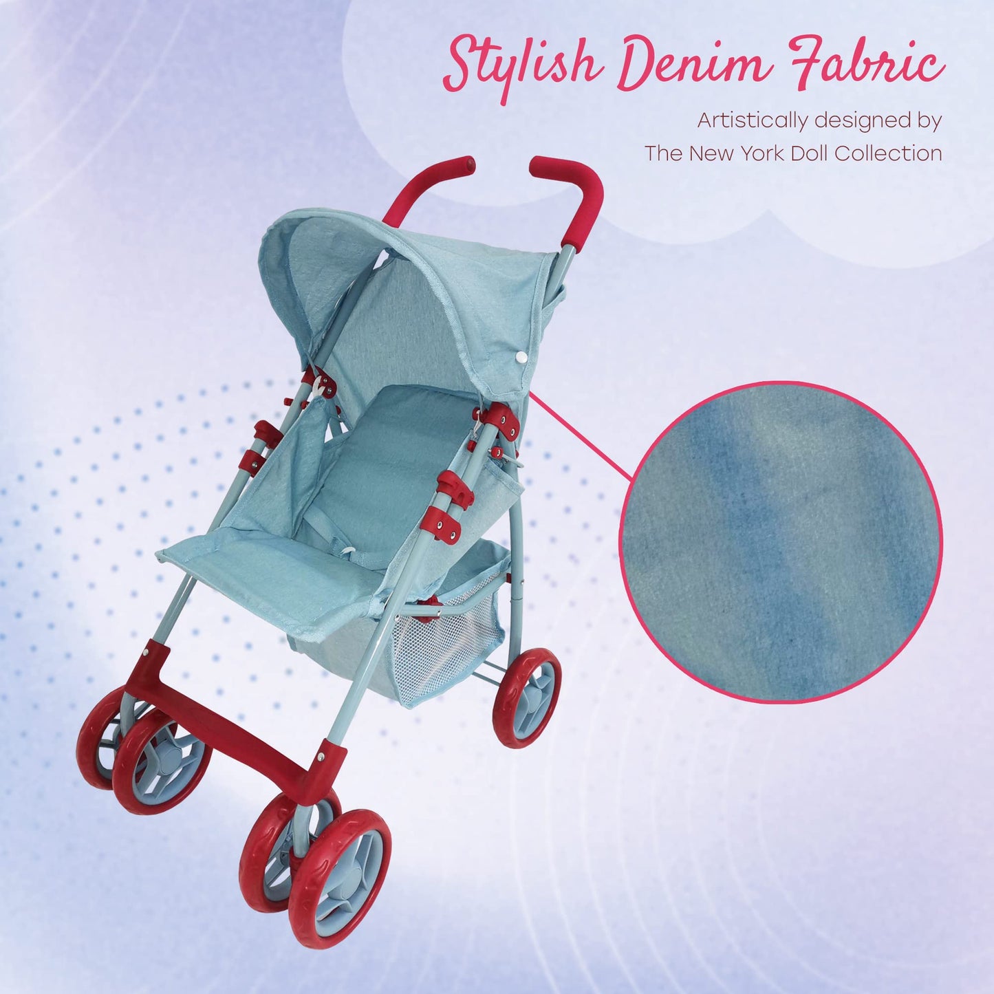 Baby Doll Stroller for Toddler Girls & Big Kids 6-8 Years Old | 28” Baby Stroller for Dolls, Toy Baby Stroller with Cute Ligh Denim Fabric, Mesh Storage Basket, Canopy, Handle Grips, Swivel Wheels