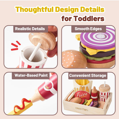 Smartwo Wooden Play Food for Kids Pretend Hamburger Set Fast Food Toy Play Kitchen Accessories for Toddlers Toy Food Gift for Boys Girls Educational Toys
