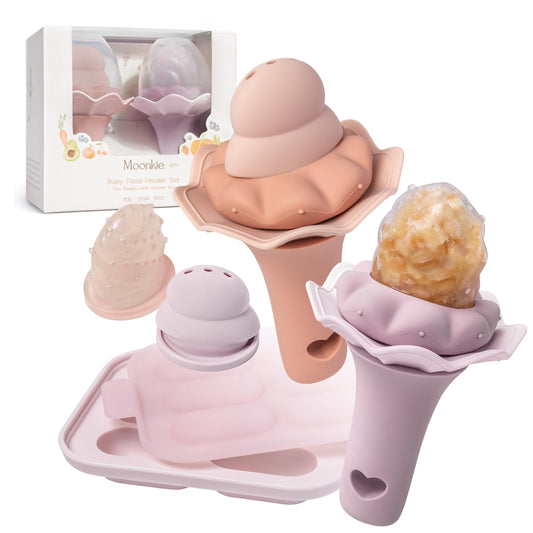 Moonkie Baby Fruit Feeder with Freezer Tray, BPA Free Silicone Food Feeder for Infant Self Feeding, Breastmilk Popsicle Molds, Mesh Feeder with Two Pouches, Baby Shower Gifts 4 Months+, 2 Pack
