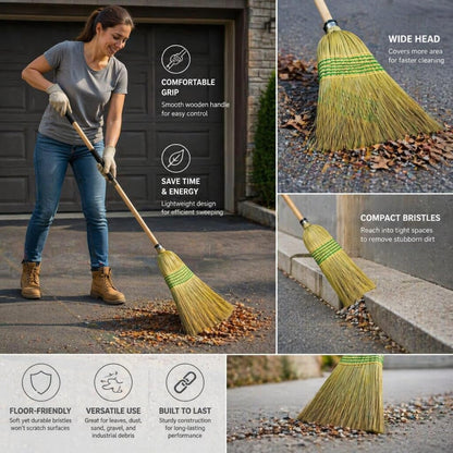 Straw Broom,Handmade Corn Broom Made from Natural Corn stalks, Outdoor Broom Equipped Wooden Handle. Natural Broom Reinforced