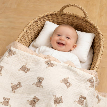 100% Organic Cotton Muslin Baby Blanket Flounce Edge Large 50"x43" Teddy Bear, Soft Breathable Toddler Quilt Crib Blankets Gender Neutral for Baby Boys and Girls Bassinet, Bed, Stroller & Snuggling
