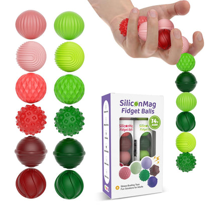 Silicone Magnetic Balls, Fidget Toys, 12-Pack Stress Relief Toys for Adults, Teens, Sensory Toy for Fingers Hands, Quiet Office Desk Toys with Textures, Magnet Fidget Fun Gift (2 Pack(Green+Red))