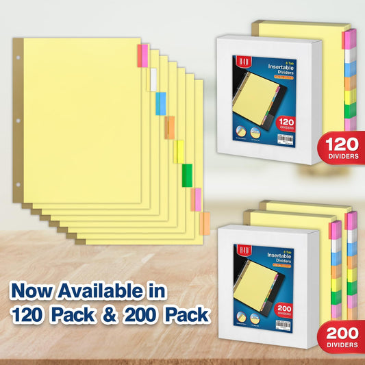 H4D 120 Pack Insertable Binder Dividers with 8 Tabs, Multicolor Tab Dividers for 3-Ring Binder, Gold-Reinforced Holes, Letter Size