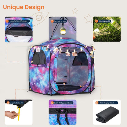 Porayhut Galaxy Pop Up Play Tent for Kids, 67" Hexagonal Privacy Sensory Tent with Removable Thick Mat & LED Photo Clip Lights, Light Blocking Indoor Outdoor Playhouse for Boys & Girls, Space Castle