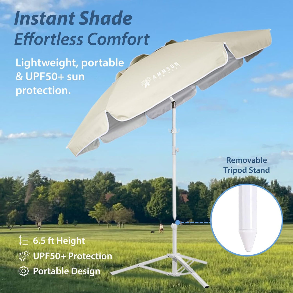 AMMSUN Shade Umbrella, Premium Portable Umbrella with Stand, 6.5ft Lightweight Free Standing Canopy for Sporting Games, Adjustable Instant Sun Protection and Easy to Carry, Beige