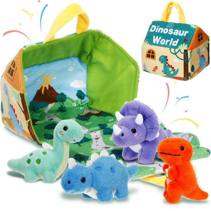 LaRandom 5 Pcs Dinosaur Plush Toys Set with Carry House, 4 Small Stuffed Dinosaurs and Playmat Bag for Dino Birthday Party Favors Goodie Bag Fillers Stocking Stuffers Classroom Prize Gifts