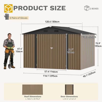 DWVO 10x8FT Outdoor Storage Shed, Spacious Metal Tool Shed with Lockable Doors & Ventilation for Patio, Lawn, and Backyard, Ideal for Storing Garden Equipment, Lawnmowers, and Bicycles, Brown
