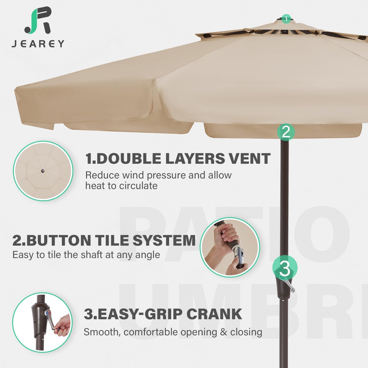 JEAREY 9' 2-Tiers Patio Umbrellas Outdoor Market Table Umbrella w/Push Button Tilt/Crank, 8 Sturdy Ribs, UV Protection Waterproof Sunproof(Beige)