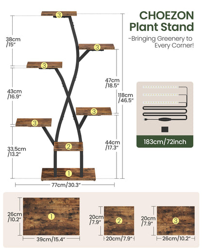 CHOEZON Plant Stand Indoor with Grow Light, 7-Tier Flower Plant Holder, 46.5” Tall Corner Plant Display Rack, Dimmable Grow Light with Timer, Rustic Brown and Black TCJ40DBF