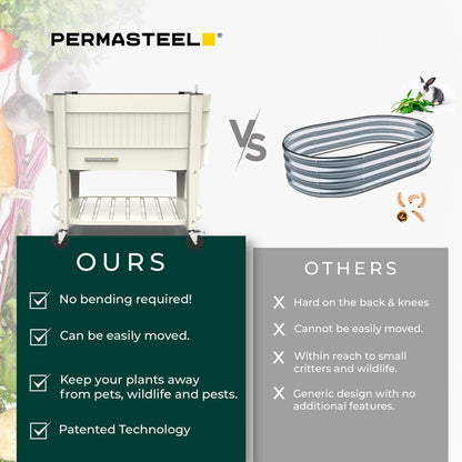 Permasteel Raised Garden Bed with Legs, Planter Box with EnGrow™ TrueSoil™ Technology for Vegetables, Flowers, Herbs, and Fruit, Outdoor Indoor, Storage Shelf, Caster Wheels, Ivory