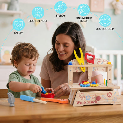 REXBETI Kids Tool Set, Wooden Toddler Tool Set with Apron, Toddler Tool Bench, Educational Montessori Toys for 3 Year Old Boys, Pretend Construction Kits, Birthday Gifts for 3 4 5 Year Old Boy Girl